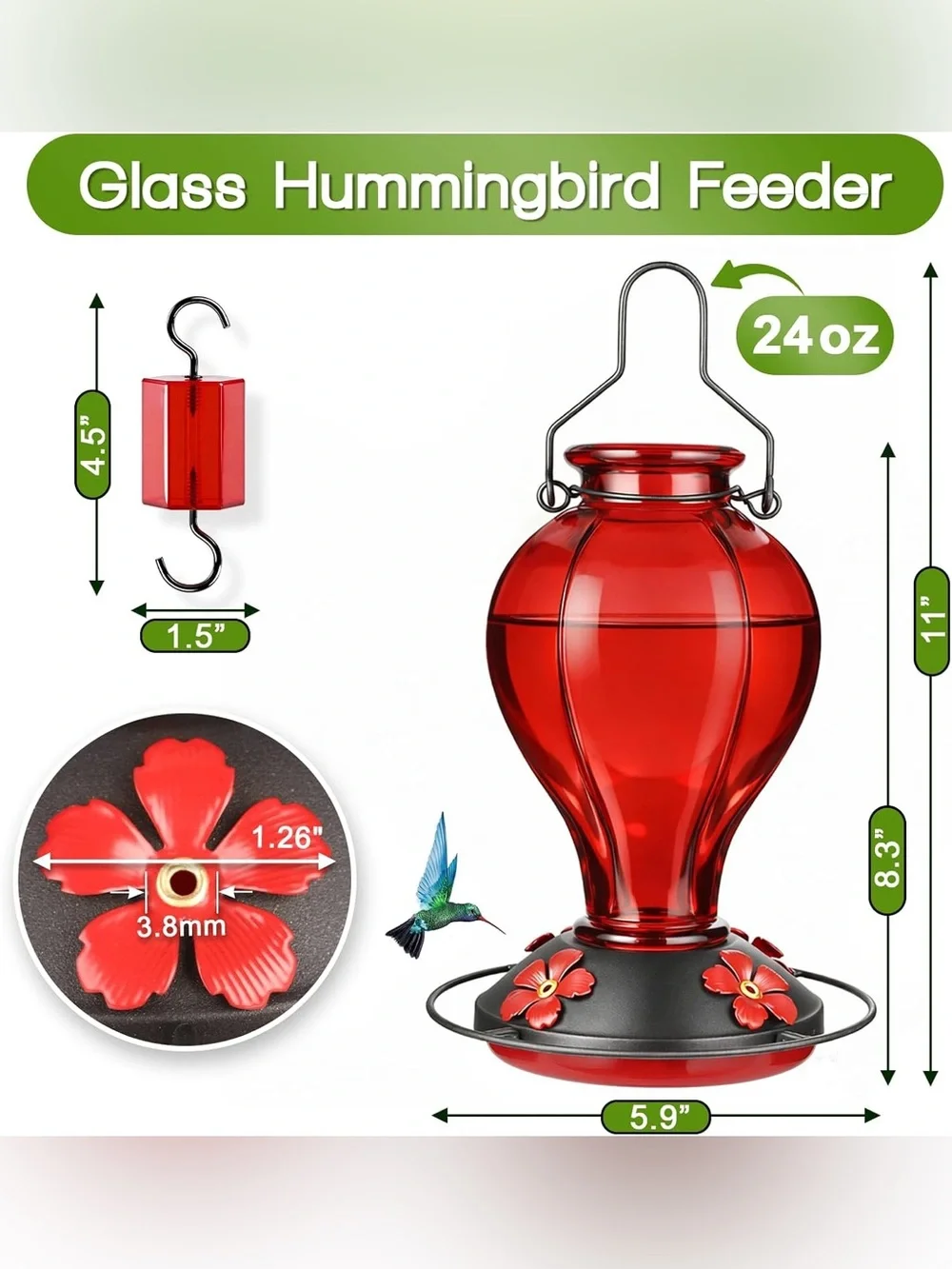 Red Glass Hummingbird Feeder - Floral